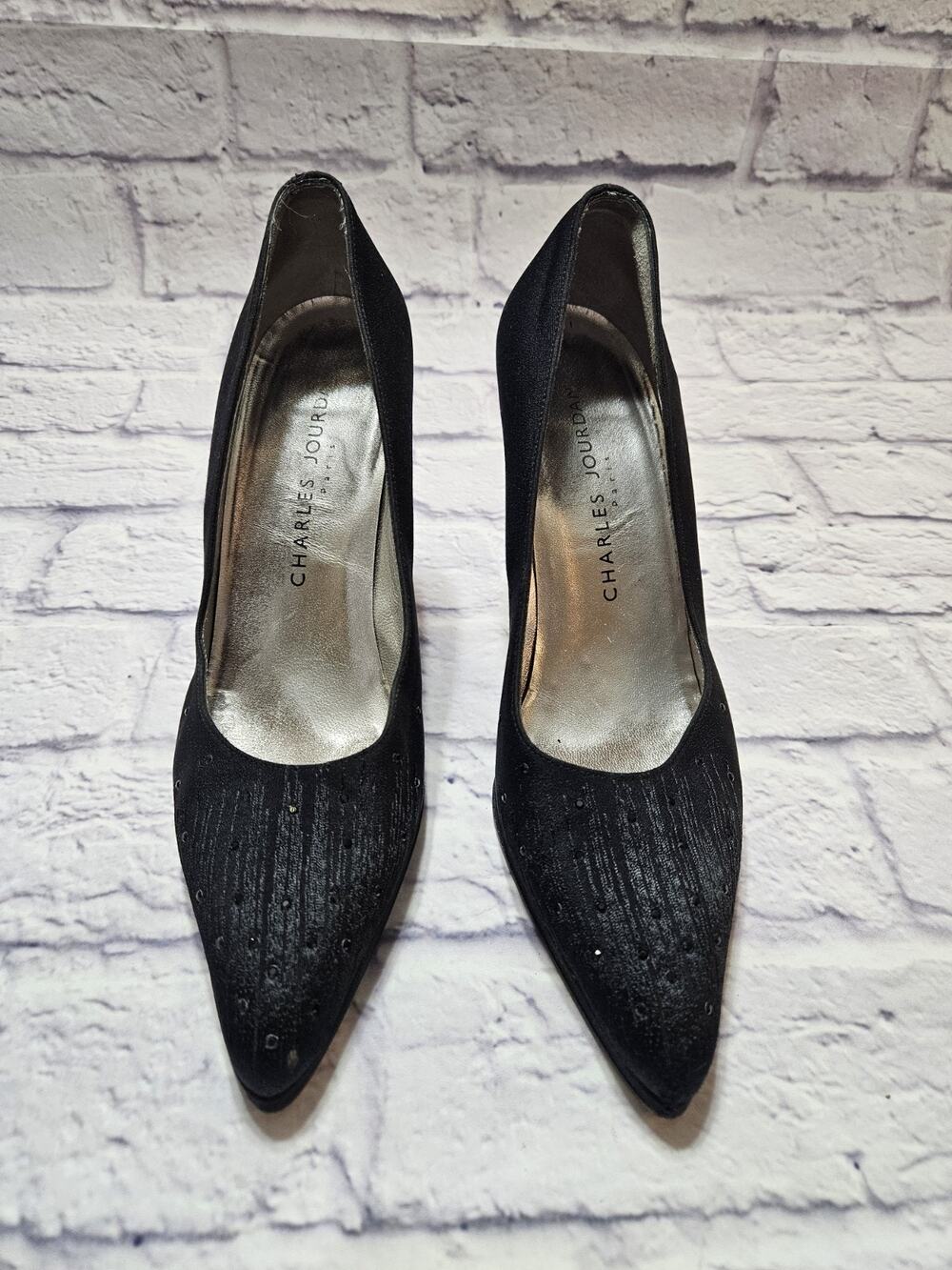 Charles Jourdan Paris Black Satin Rhinestone Pointed Toe Heels Pumps Women 8M